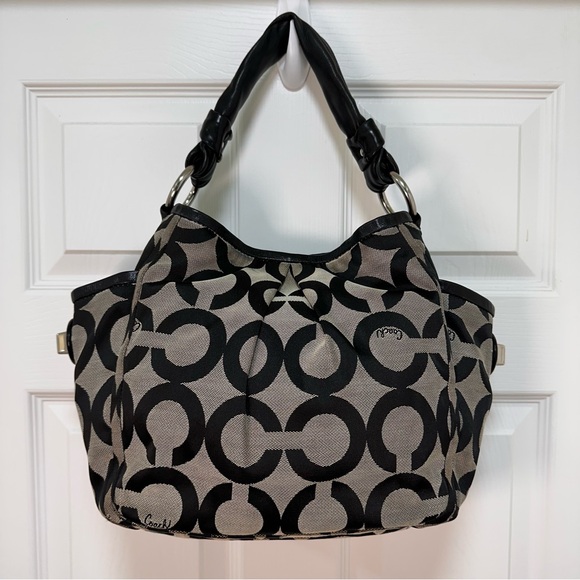 Coach Parker Opt Art Signature Canvas Hobo Bag Black Leather Vintage Y2K - Picture 5 of 11